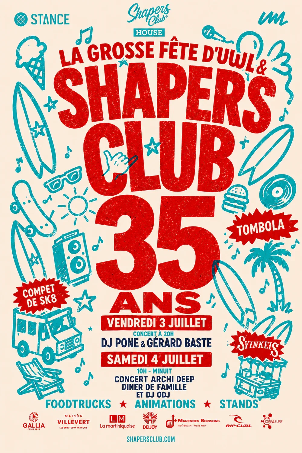 Affiche des 35 ans du Shapers Club — la grosse fête d'UWL, les 3 et 4 juillet à Marennes