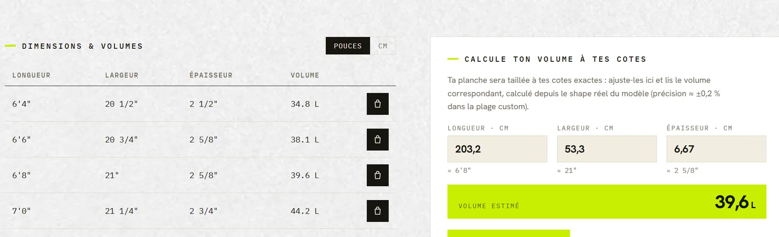 Le calculateur de volume : tes cotes exactes, ton volume calculé depuis le shape réel