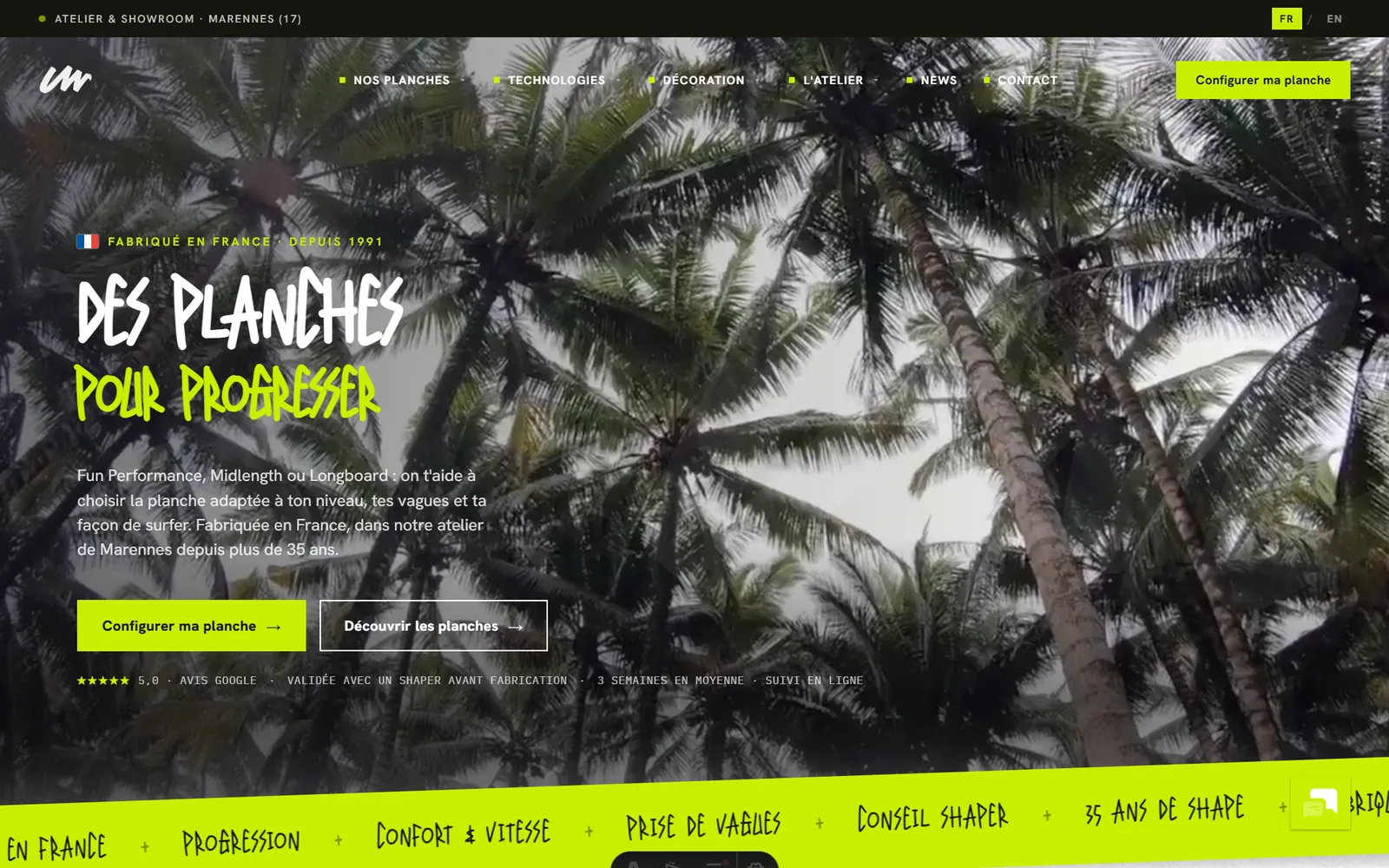 La page d'accueil du nouveau site UWL Surfboards — Des planches pour progresser